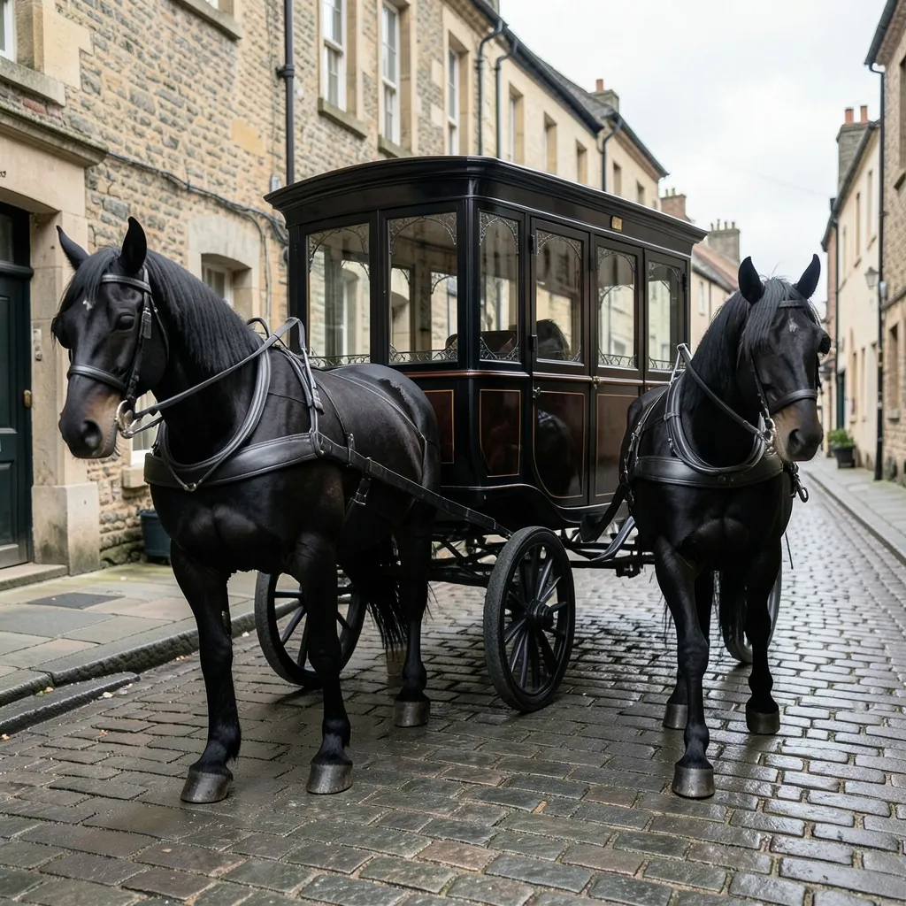 Gefällniswagen: Historischer Leichenwagen zwischen Bahre und Trauerzug