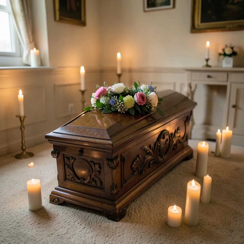 Sargdekoration — Blumen, Symbole und letzte Gesten